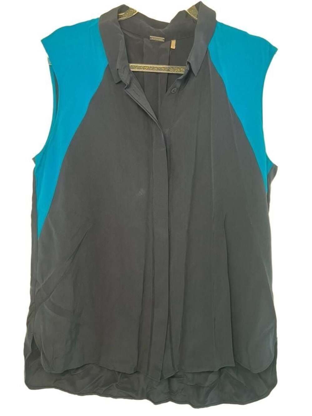 Elie Tahari Women's Navy and Turquoise Silk Sleeveless Collared Blouse